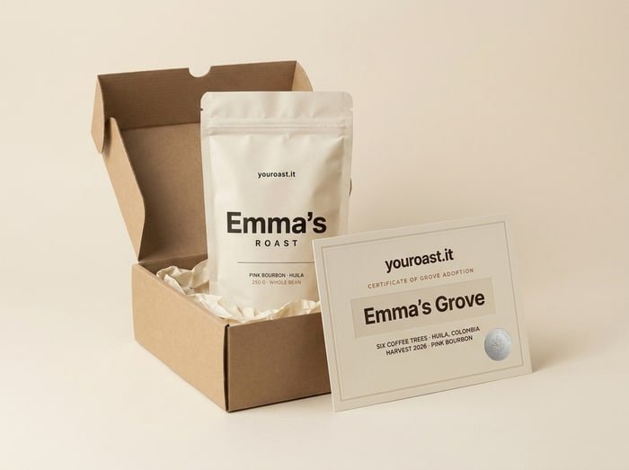 Open youroast.it gift box with the Emma's bag inside and the adoption certificate beside it