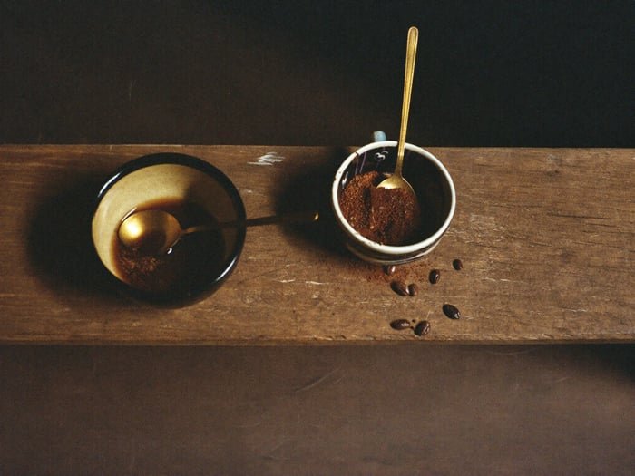 Cupping bowls of the fresh roast on the bench