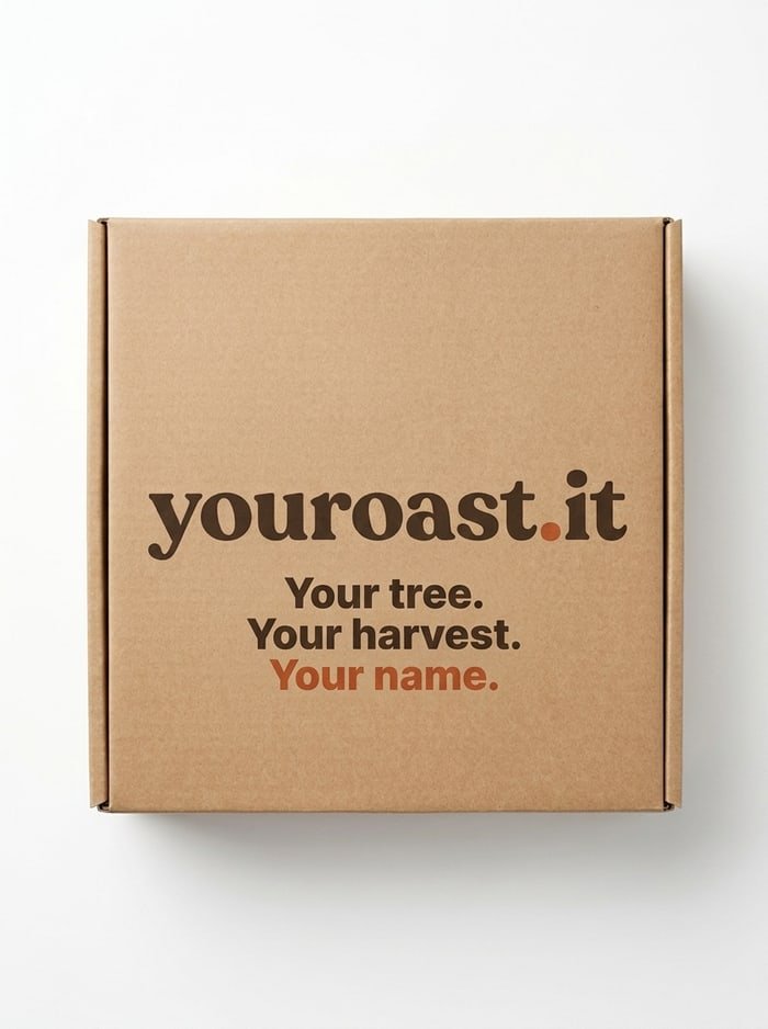 The kraft YouRoast.It shipping box, printed with the tagline